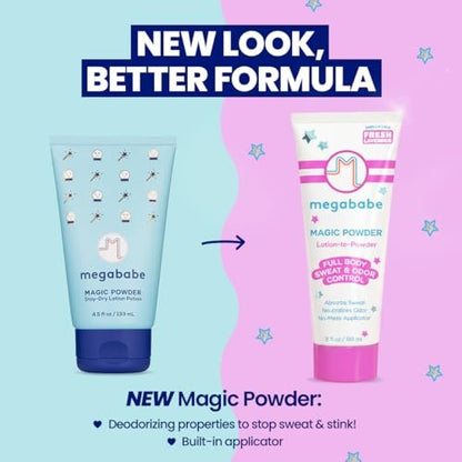 Megababe Magic Powder Stay-Dry Lotion to Powder - Sweat & Odor Absorbing Lotion, Aluminum-Free, Talc-Free, 3 fl oz