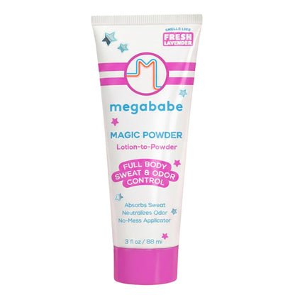Megababe Magic Powder Stay-Dry Lotion to Powder - Sweat & Odor Absorbing Lotion, Aluminum-Free, Talc-Free, 3 fl oz
