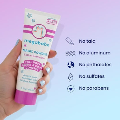 Megababe Magic Powder Stay-Dry Lotion to Powder - Sweat & Odor Absorbing Lotion, Aluminum-Free, Talc-Free, 3 fl oz