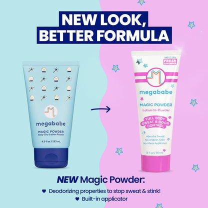 Megababe Magic Powder Stay-Dry Lotion to Powder - Sweat & Odor Absorbing Lotion, Aluminum-Free, Talc-Free, 3 fl oz