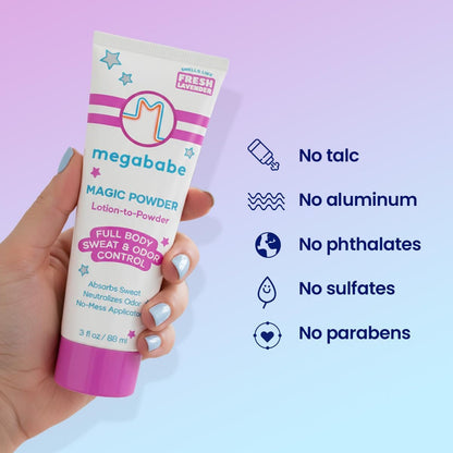 Megababe Magic Powder Stay-Dry Lotion to Powder - Sweat & Odor Absorbing Lotion, Aluminum-Free, Talc-Free, 3 fl oz