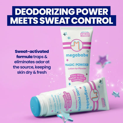 Megababe Magic Powder Stay-Dry Lotion to Powder - Sweat & Odor Absorbing Lotion, Aluminum-Free, Talc-Free, 3 fl oz