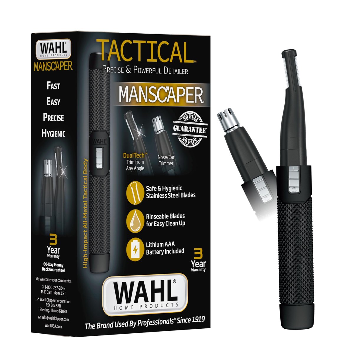 Wahl Manscaper 2 in 1 Lithium Battery Tactical Dual Sided Eyebrow Trimmer and Nose Hair Trimmer for Men – Black, Stainless Steel Avelisse