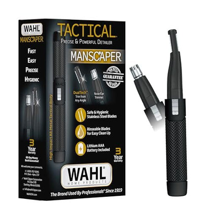 Wahl Manscaper 2 in 1 Lithium Battery Tactical Dual Sided Eyebrow Trimmer and Nose Hair Trimmer for Men – Black, Stainless Steel Avelisse