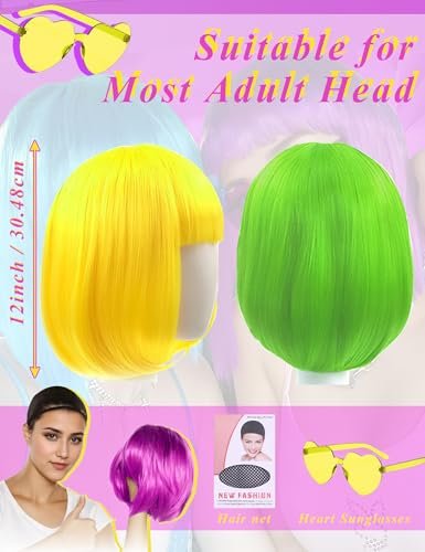 LOHO MAGICA 6 Pack Colored Wigs - Funky Neon Party Wigs with Rimless Heart Sunglasses Avelisse