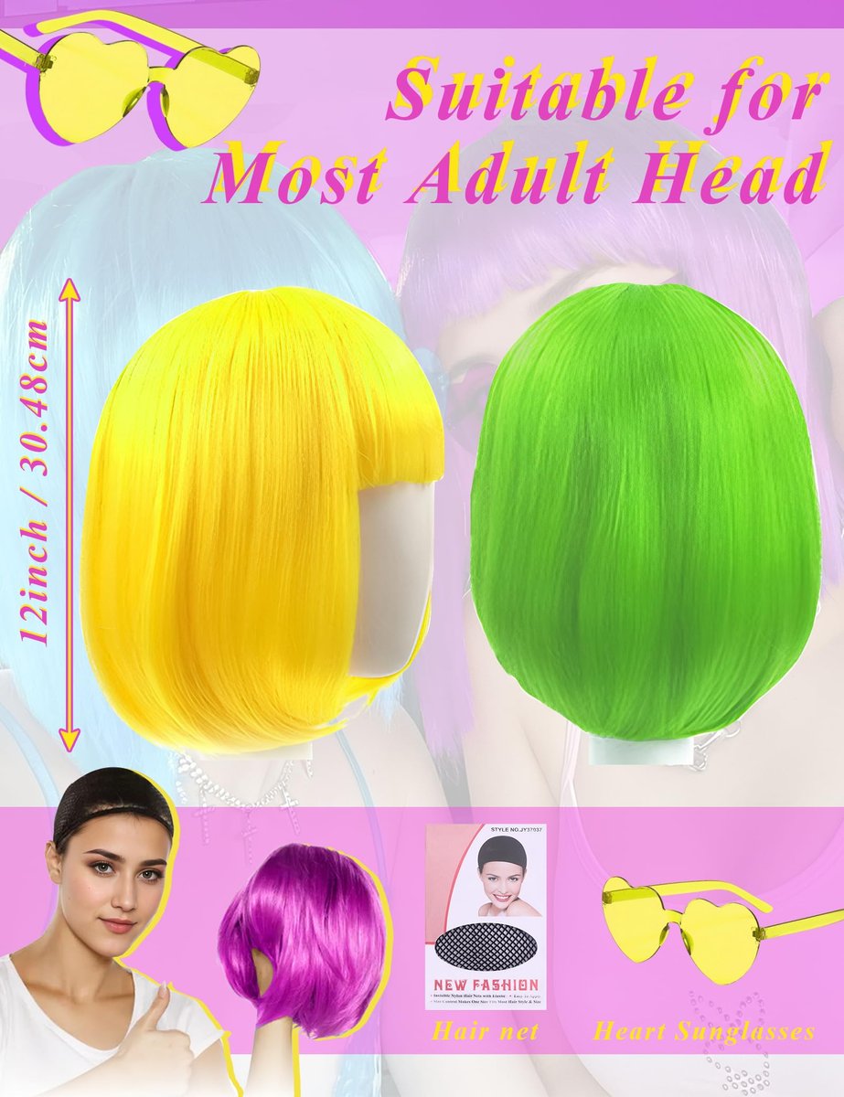 LOHO MAGICA 6 Pack Colored Wigs - Funky Neon Party Wigs with Rimless Heart Sunglasses Avelisse