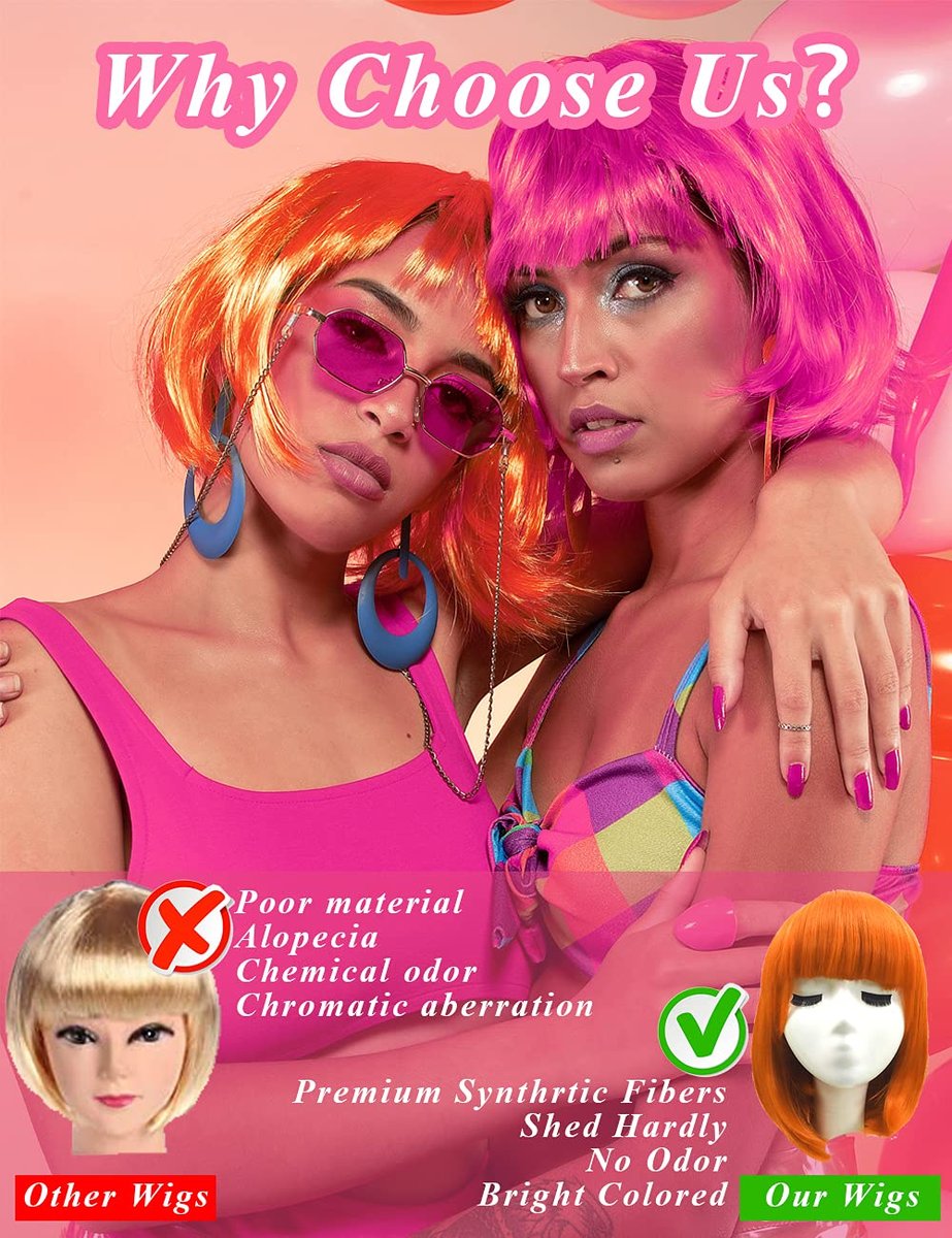 LOHO MAGICA 6 Pack Colored Wigs - Funky Neon Party Wigs with Rimless Heart Sunglasses Avelisse