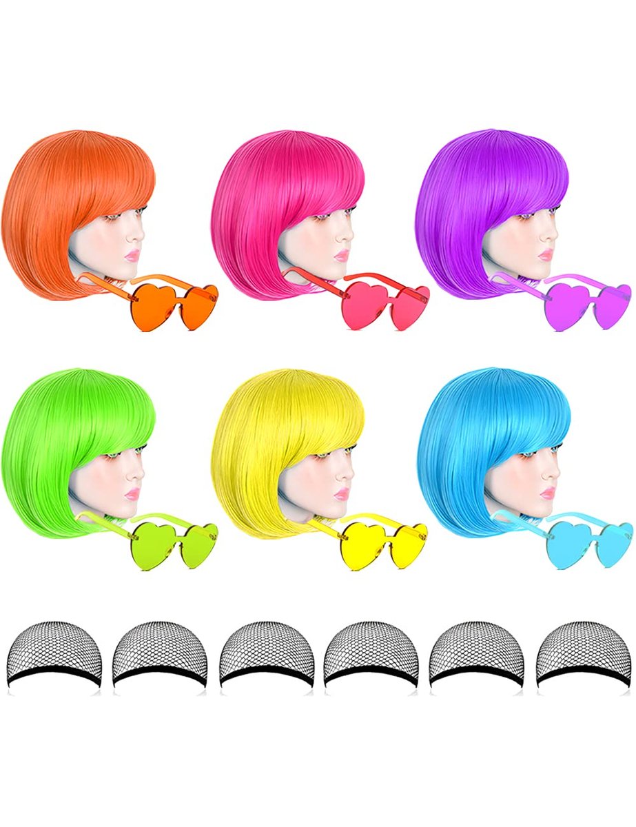 LOHO MAGICA 6 Pack Colored Wigs - Funky Neon Party Wigs with Rimless Heart Sunglasses Avelisse