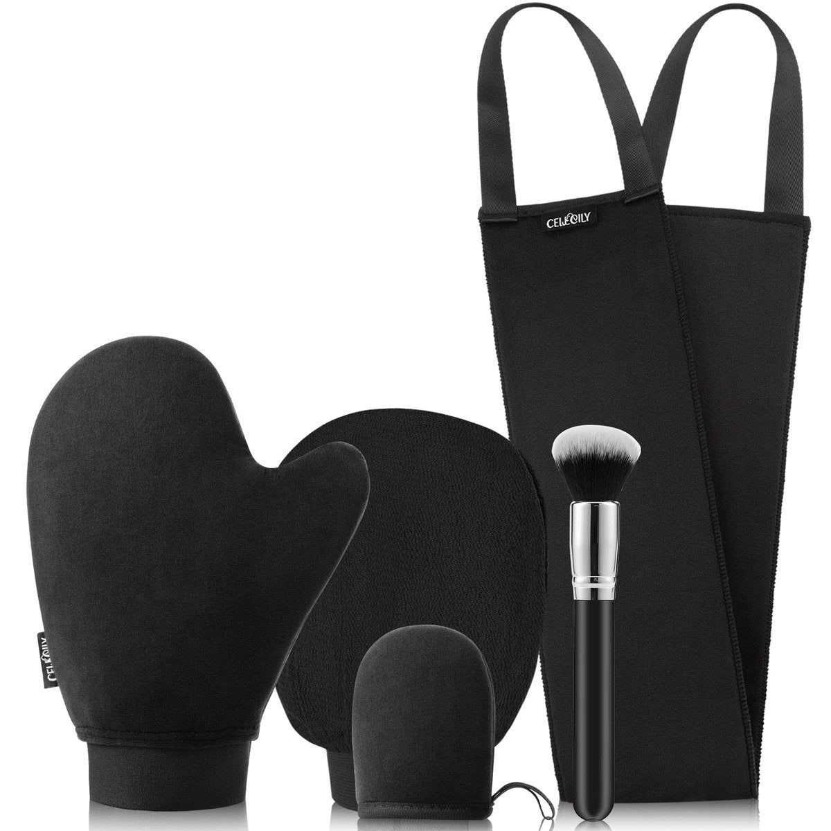 CeleCily 5-in-1 Self Tanner Mitt Applicator Kit - Professional Tanning Mitt, Back Applicator, Mini Mitt, Brush & Exfoliator for Streak-Free, Natural-Looking Tan Avelisse