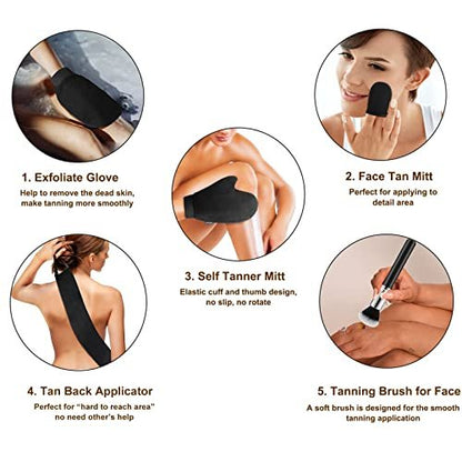 CeleCily 5-in-1 Self Tanner Mitt Applicator Kit - Professional Tanning Mitt, Back Applicator, Mini Mitt, Brush & Exfoliator for Streak-Free, Natural-Looking Tan Avelisse