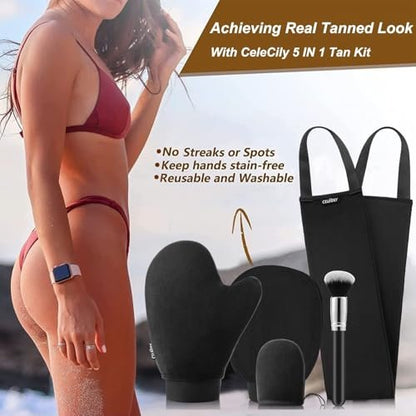 CeleCily 5-in-1 Self Tanner Mitt Applicator Kit - Professional Tanning Mitt, Back Applicator, Mini Mitt, Brush & Exfoliator for Streak-Free, Natural-Looking Tan Avelisse