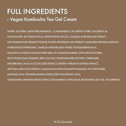 Dr.Ceuracle Vegan Kombucha Tea Gel Cream - Lightweight Watery Hydrating Moisturizer with Kombucha Tea Extract & Sunflower Seed Oil, Korean Skincare (75 g / 2.64 oz.)