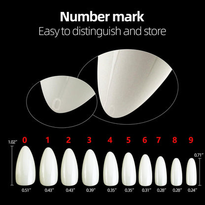500pcs Medium Almond Fake Nail Tips – Full Cover Clear Acrylic Press-On Nails for DIY Nail Art, 10 Sizes (Natural)