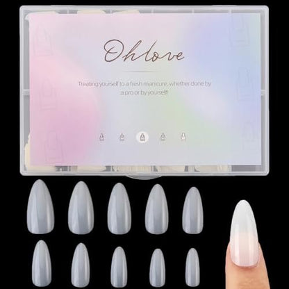 500pcs Medium Almond Fake Nail Tips – Full Cover Clear Acrylic Press-On Nails for DIY Nail Art, 10 Sizes (Natural)
