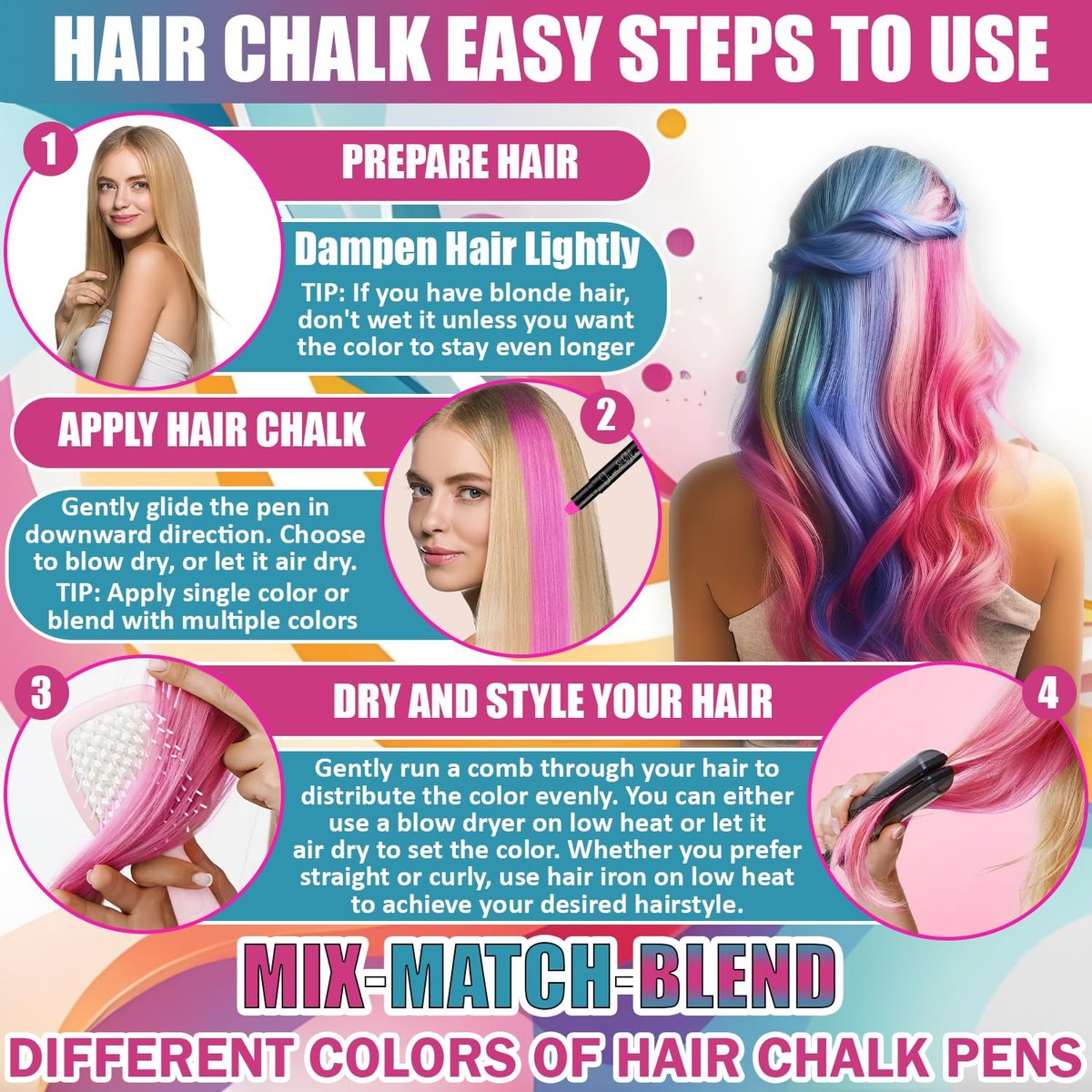 Jim&Gloria Dustless Hair Chalk for Girls - 12 Washable Colors, Temporary Hair Dye for Kids & Teens, Fun Makeup Kit Gift Avelisse
