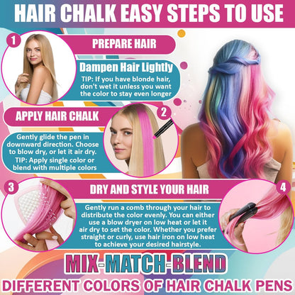 Jim&Gloria Dustless Hair Chalk for Girls - 12 Washable Colors, Temporary Hair Dye for Kids & Teens, Fun Makeup Kit Gift Avelisse