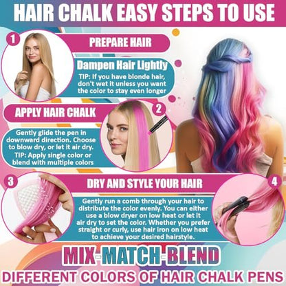 Jim&Gloria Dustless Hair Chalk for Girls - 12 Washable Colors, Temporary Hair Dye for Kids & Teens, Fun Makeup Kit Gift Avelisse