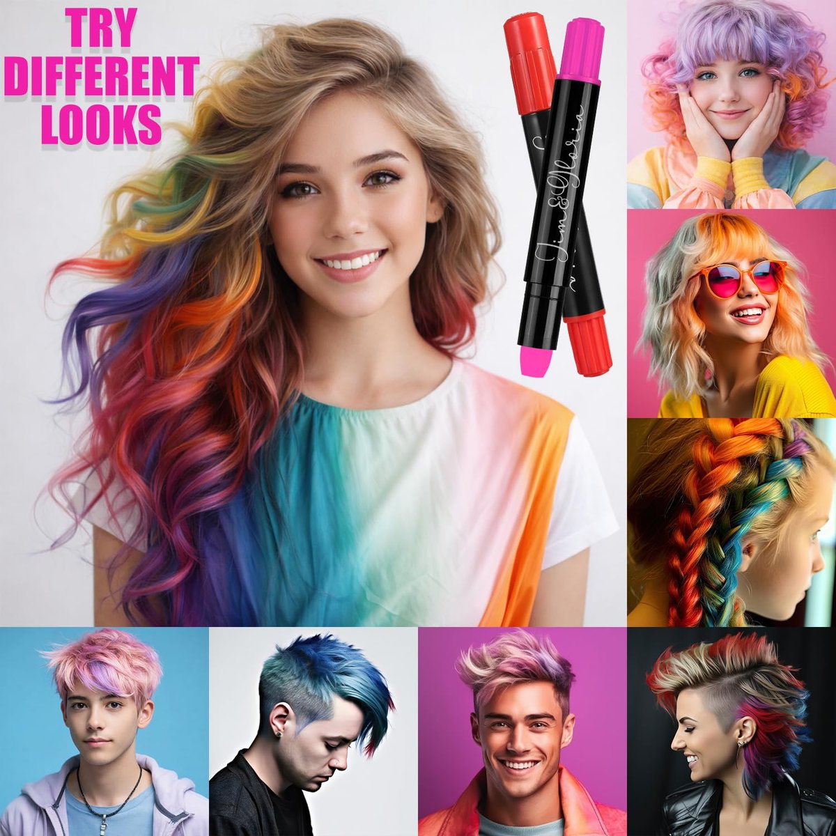 Jim&Gloria Dustless Hair Chalk for Girls - 12 Washable Colors, Temporary Hair Dye for Kids & Teens, Fun Makeup Kit Gift Avelisse