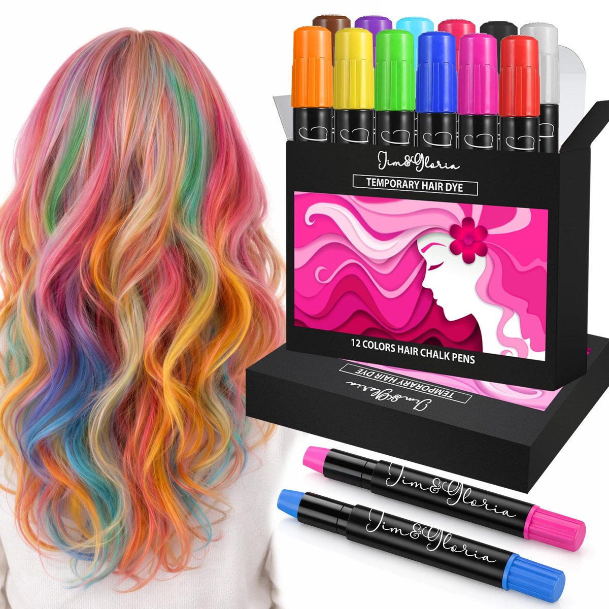 Jim&Gloria Dustless Hair Chalk for Girls - 12 Washable Colors, Temporary Hair Dye for Kids & Teens, Fun Makeup Kit Gift Avelisse