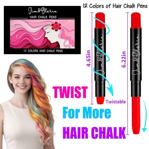 Jim&Gloria Dustless Hair Chalk for Girls - 12 Washable Colors, Temporary Hair Dye for Kids & Teens, Fun Makeup Kit Gift Avelisse