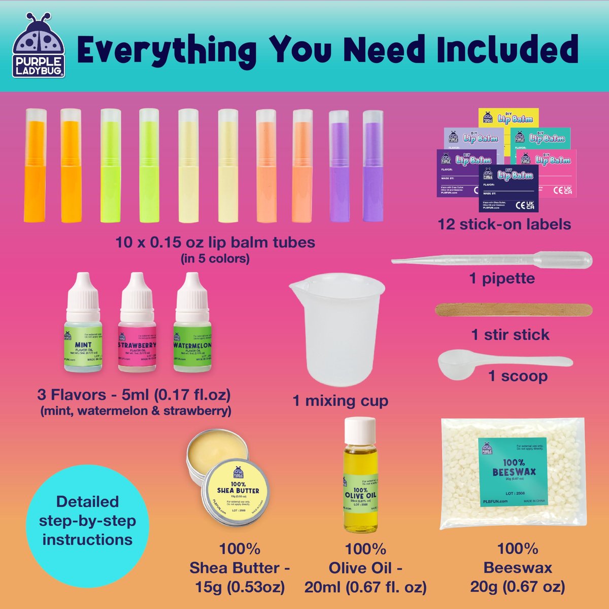PURPLE LADYBUG DIY Lip Balm Making Kit - STEM Gifts for 10 Year Old Girl & Great 9 Year Old Girl Birthday Gifts - Science Kits for Kids Age 8-12, Make Your Own 10 Experiment Lip Balm with 3 Flavors - görsel 6