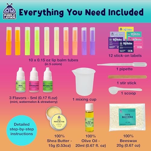 PURPLE LADYBUG DIY Lip Balm Making Kit - STEM Gifts for 10 Year Old Girl & Great 9 Year Old Girl Birthday Gifts - Science Kits for Kids Age 8-12, Make Your Own 10 Experiment Lip Balm with 3 Flavors - görsel 5