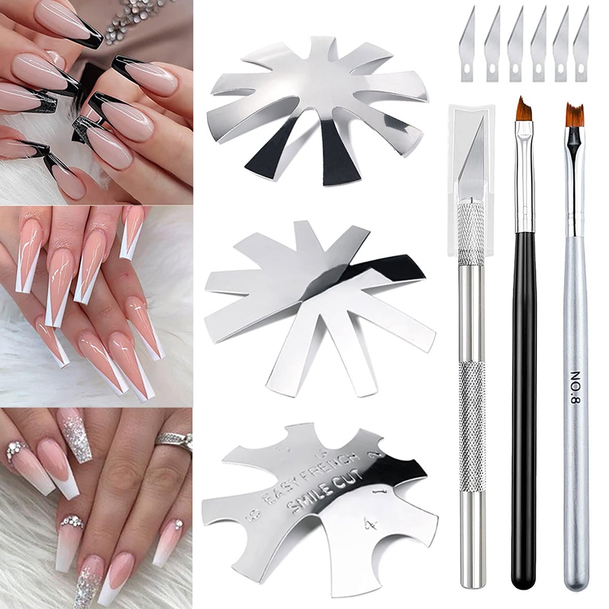 Lokyango 7-Piece French Tip Cutter Set for Nails – Stainless Steel V-Cut Edge Trimmer with Brushes, Knife & Spare Blades - görsel 1