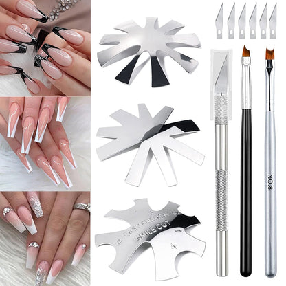 Lokyango 7-Piece French Tip Cutter Set for Nails – Stainless Steel V-Cut Edge Trimmer with Brushes, Knife & Spare Blades