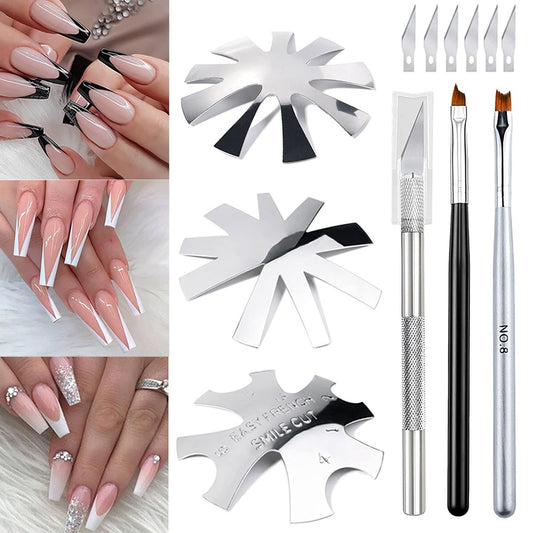 Lokyango 7-Piece French Tip Cutter Set for Nails – Stainless Steel V-Cut Edge Trimmer with Brushes, Knife & Spare Blades
