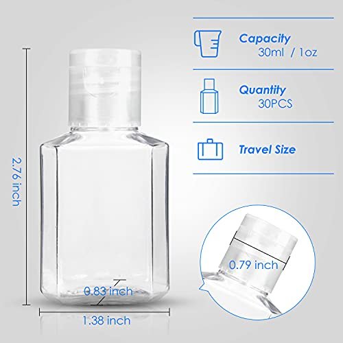 Saiveina 30 Pack 1 oz Travel Bottles - Empty Refillable Plastic Containers for Toiletries, Hand Sanitizer, and More - TSA Approved Travel Size Avelisse
