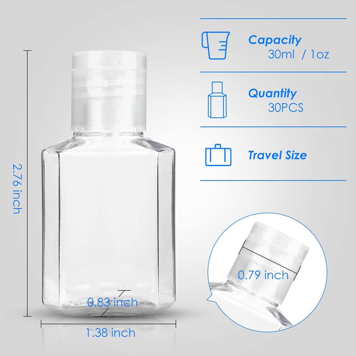 Saiveina 30 Pack 1 oz Travel Bottles - Empty Refillable Plastic Containers for Toiletries, Hand Sanitizer, and More - TSA Approved Travel Size Avelisse