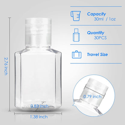 Saiveina 30 Pack 1 oz Travel Bottles - Empty Refillable Plastic Containers for Toiletries, Hand Sanitizer, and More - TSA Approved Travel Size Avelisse