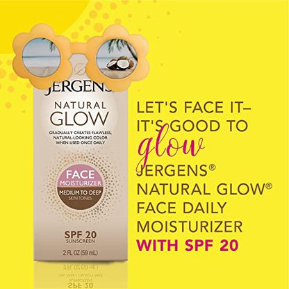 Jergens Natural Glow Face Self Tanner Lotion with SPF 20, Medium to Deep, 2 Fl Oz (Pack of 2) - Daily Facial Sunscreen & Sunless Tanner