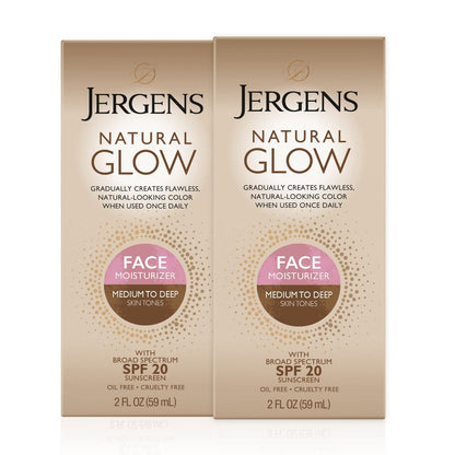 Jergens Natural Glow Face Self Tanner Lotion with SPF 20, Medium to Deep, 2 Fl Oz (Pack of 2) - Daily Facial Sunscreen & Sunless Tanner
