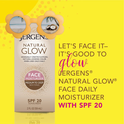 Jergens Natural Glow Face Self Tanner Lotion with SPF 20, Medium to Deep, 2 Fl Oz (Pack of 2) - Daily Facial Sunscreen & Sunless Tanner