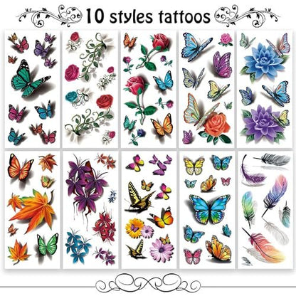 Cerlaza 78 Styles Temporary Tattoos for Women Adults - Realistic Butterfly Flower Fake Tattoos, Waterproof Long Lasting Semi Permanent Tattoo Stickers Avelisse