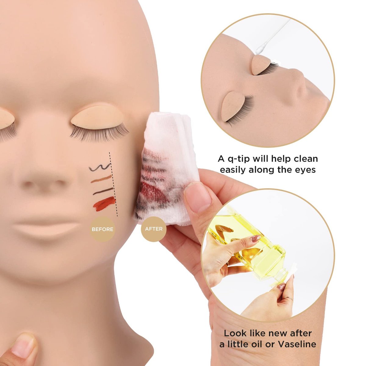 LASHVIEW Lash Mannequin Head with 4 Pairs Replaced Eyelids Practice, Makeup Soft-Touch Rubber, Natural Skin Color Avelisse