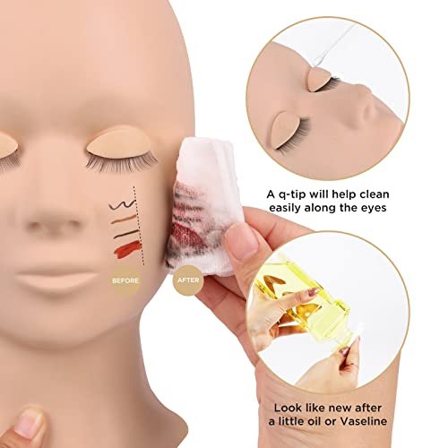 LASHVIEW Lash Mannequin Head with 4 Pairs Replaced Eyelids Practice, Makeup Soft-Touch Rubber, Natural Skin Color Avelisse