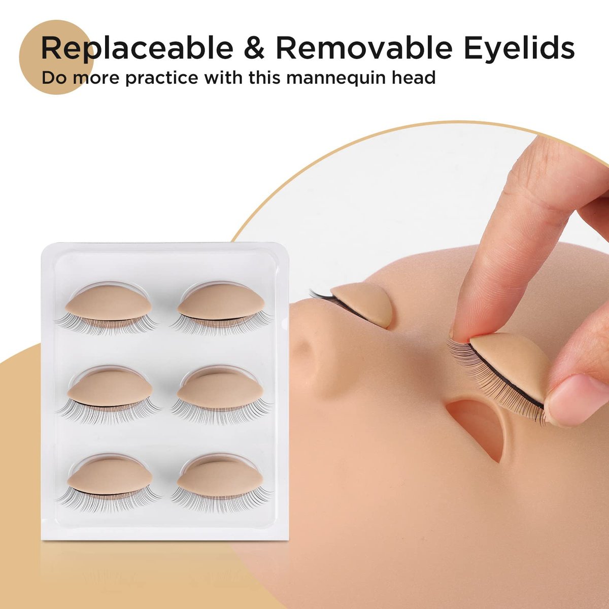 LASHVIEW Lash Mannequin Head with 4 Pairs Replaced Eyelids Practice, Makeup Soft-Touch Rubber, Natural Skin Color Avelisse