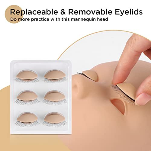LASHVIEW Lash Mannequin Head with 4 Pairs Replaced Eyelids Practice, Makeup Soft-Touch Rubber, Natural Skin Color Avelisse