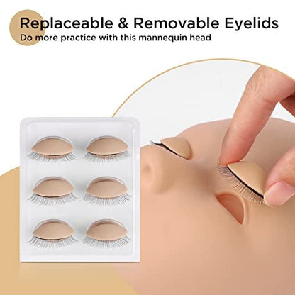 LASHVIEW Lash Mannequin Head with 4 Pairs Replaced Eyelids Practice, Makeup Soft-Touch Rubber, Natural Skin Color Avelisse