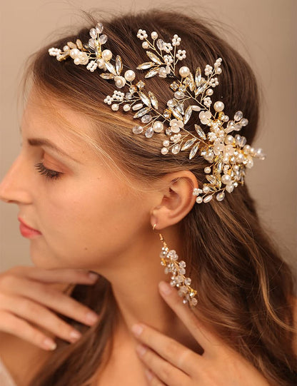 YERTTER Gold Wedding Comb Clip Earring Set - Floral Rhinestone Bridal Comb Barrettes & Crystal Earring Set, Handmade Flower Clip Head Pieces for Women
