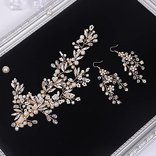 YERTTER Gold Wedding Comb Clip Earring Set - Floral Rhinestone Bridal Comb Barrettes & Crystal Earring Set, Handmade Flower Clip Head Pieces for Women - görsel 4
