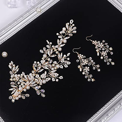 YERTTER Gold Wedding Comb Clip Earring Set - Floral Rhinestone Bridal Comb Barrettes & Crystal Earring Set, Handmade Flower Clip Head Pieces for Women
