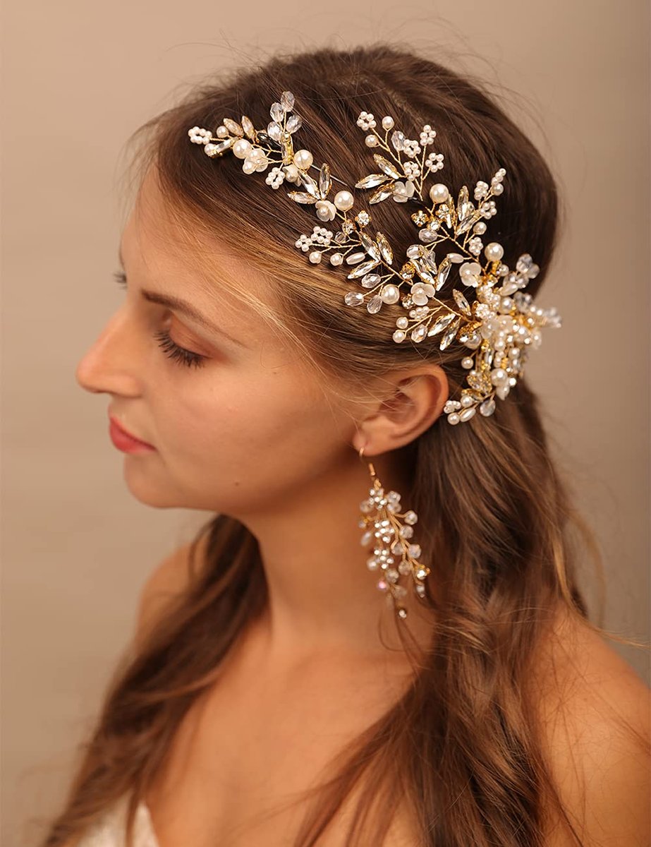 YERTTER Gold Wedding Comb Clip Earring Set - Floral Rhinestone Bridal Comb Barrettes & Crystal Earring Set, Handmade Flower Clip Head Pieces for Women - görsel 1
