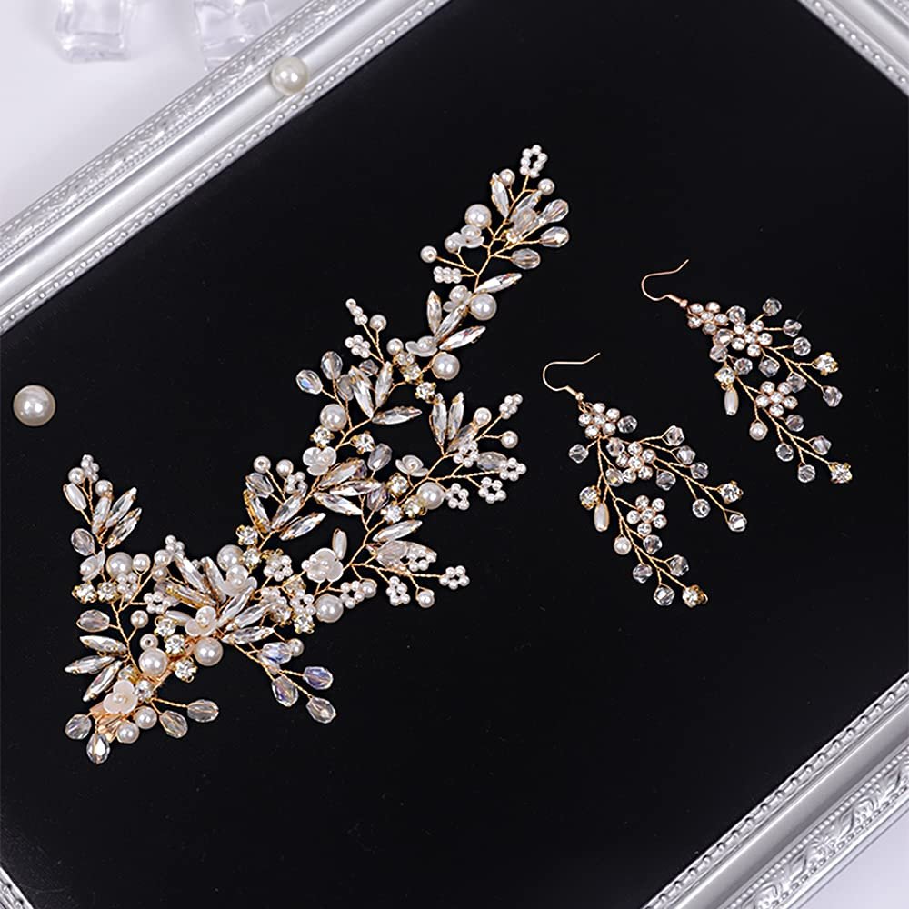YERTTER Gold Wedding Comb Clip Earring Set - Floral Rhinestone Bridal Comb Barrettes & Crystal Earring Set, Handmade Flower Clip Head Pieces for Women - görsel 3