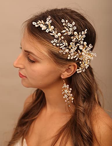 YERTTER Gold Wedding Comb Clip Earring Set - Floral Rhinestone Bridal Comb Barrettes & Crystal Earring Set, Handmade Flower Clip Head Pieces for Women - görsel 2