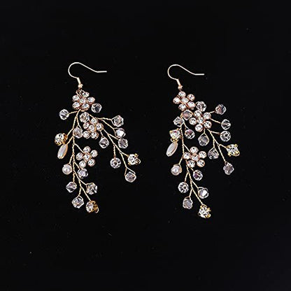 YERTTER Gold Wedding Comb Clip Earring Set - Floral Rhinestone Bridal Comb Barrettes & Crystal Earring Set, Handmade Flower Clip Head Pieces for Women