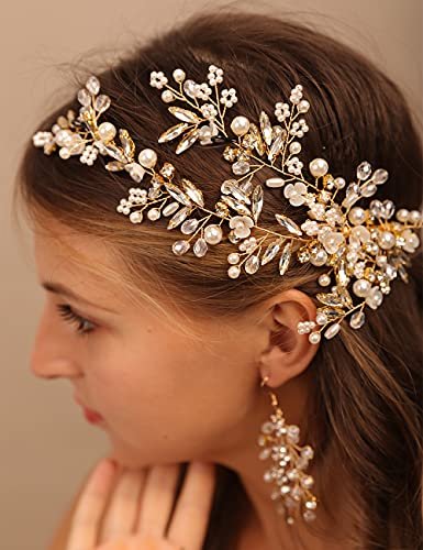 YERTTER Gold Wedding Comb Clip Earring Set - Floral Rhinestone Bridal Comb Barrettes & Crystal Earring Set, Handmade Flower Clip Head Pieces for Women