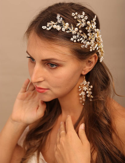 YERTTER Gold Wedding Comb Clip Earring Set - Floral Rhinestone Bridal Comb Barrettes & Crystal Earring Set, Handmade Flower Clip Head Pieces for Women